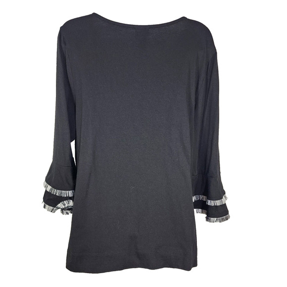 Chico’s Top Women Size 1 Medium Double Layer Fringe Black 3/4 Sleeve Cottaegcore - Picture 2 of 11